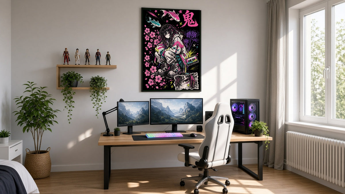 鬼 ONI GIRL hand-drawn art poster hanging in a bright gamer room