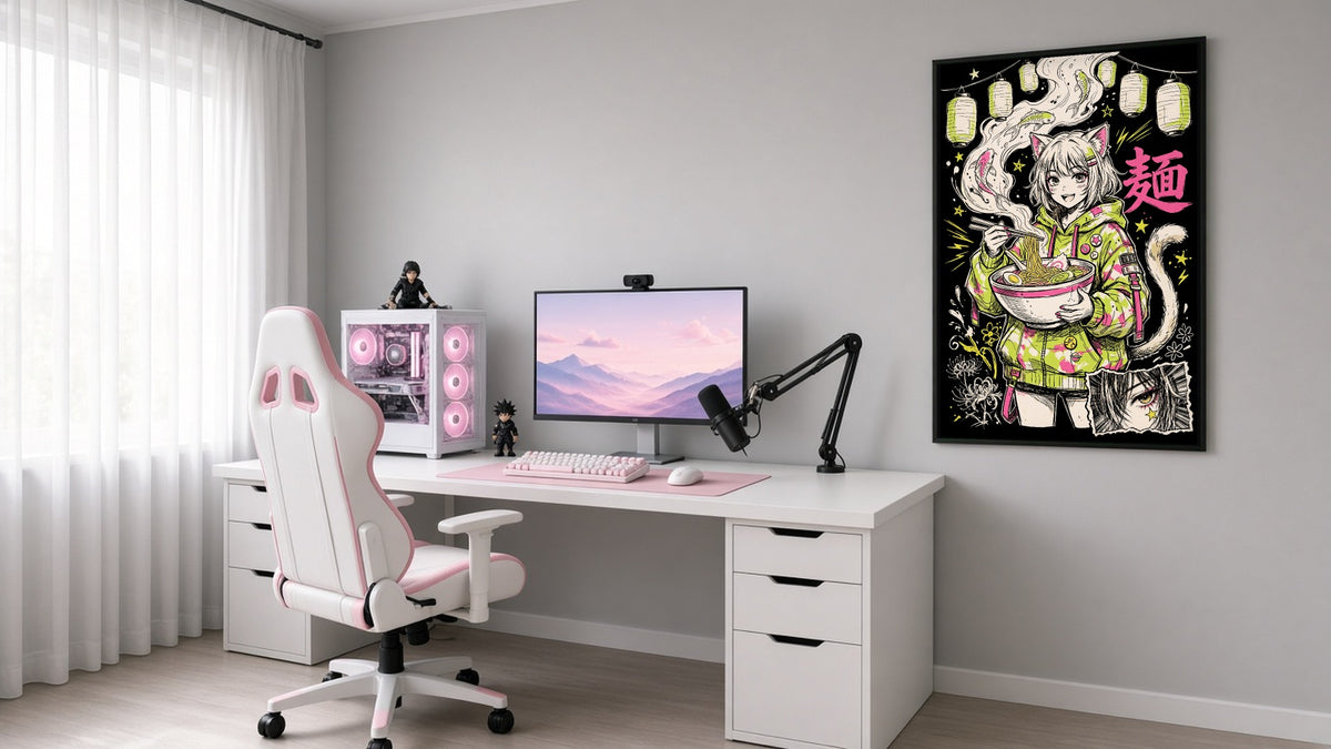麺 RAMEN NEKO hand-drawn art poster hanging in a bright gamer room