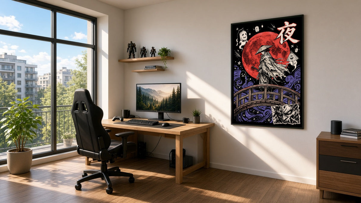 夜 YORU RŌNIN hand-drawn art poster hanging in a bright gamer room