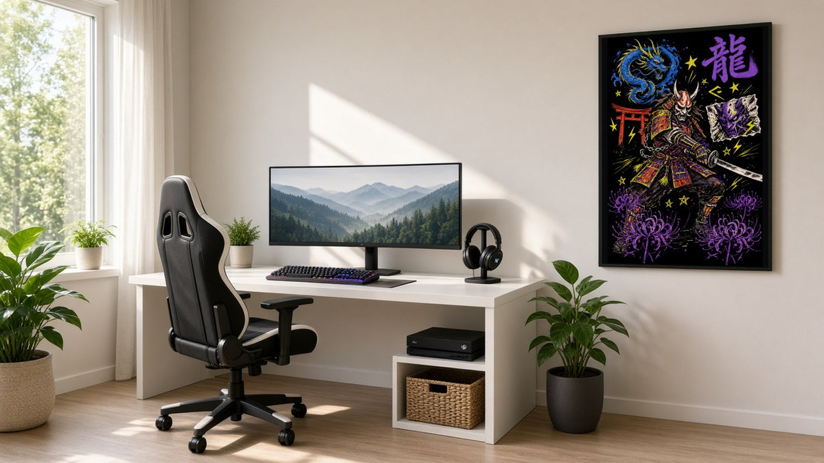 龍 RYŪ SAMURAI hand-drawn art poster hanging in a bright gamer room