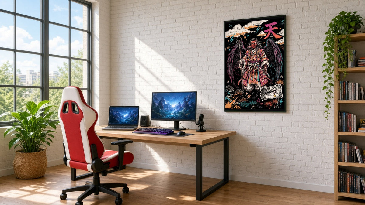 天 TENGU hand-drawn art poster hanging in a bright gamer room