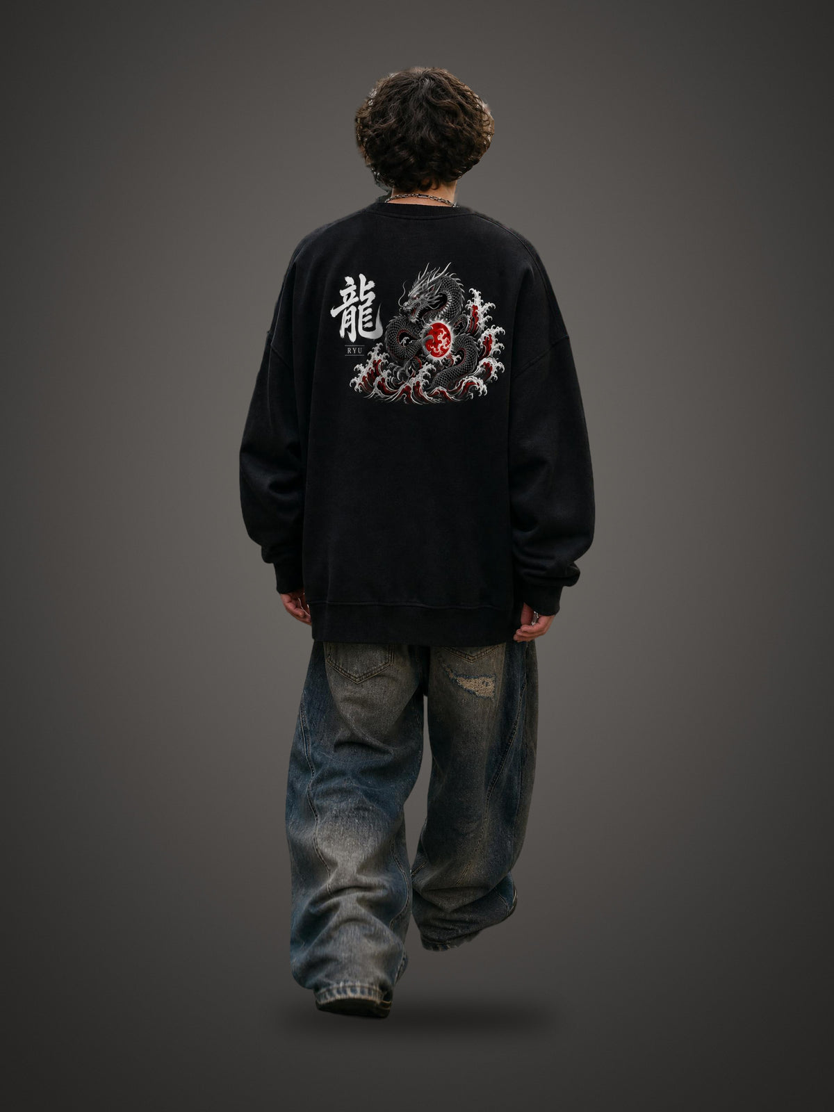 RYŪ 龍 distressed sweatshirt in Black worn by a model, back view with dragon and red sun print | Formless