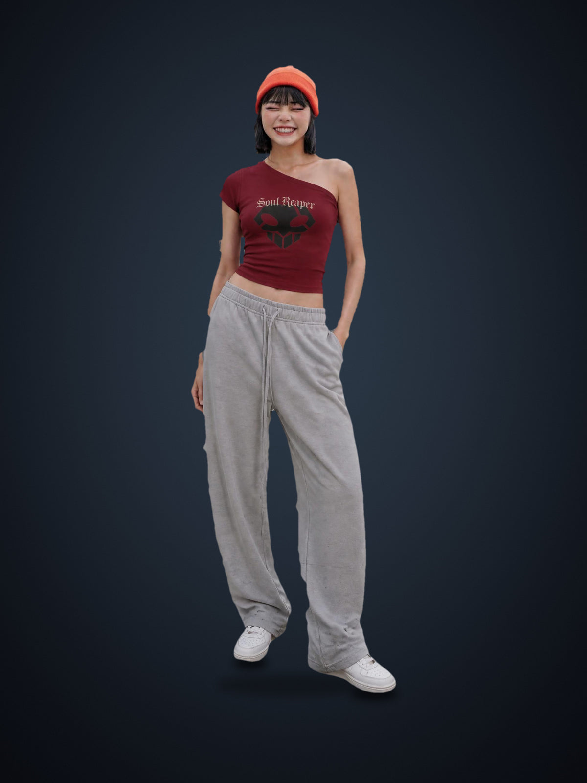 Women's off-the-shoulder cropped tee in Wine Red, worn by a model, front view | Formless