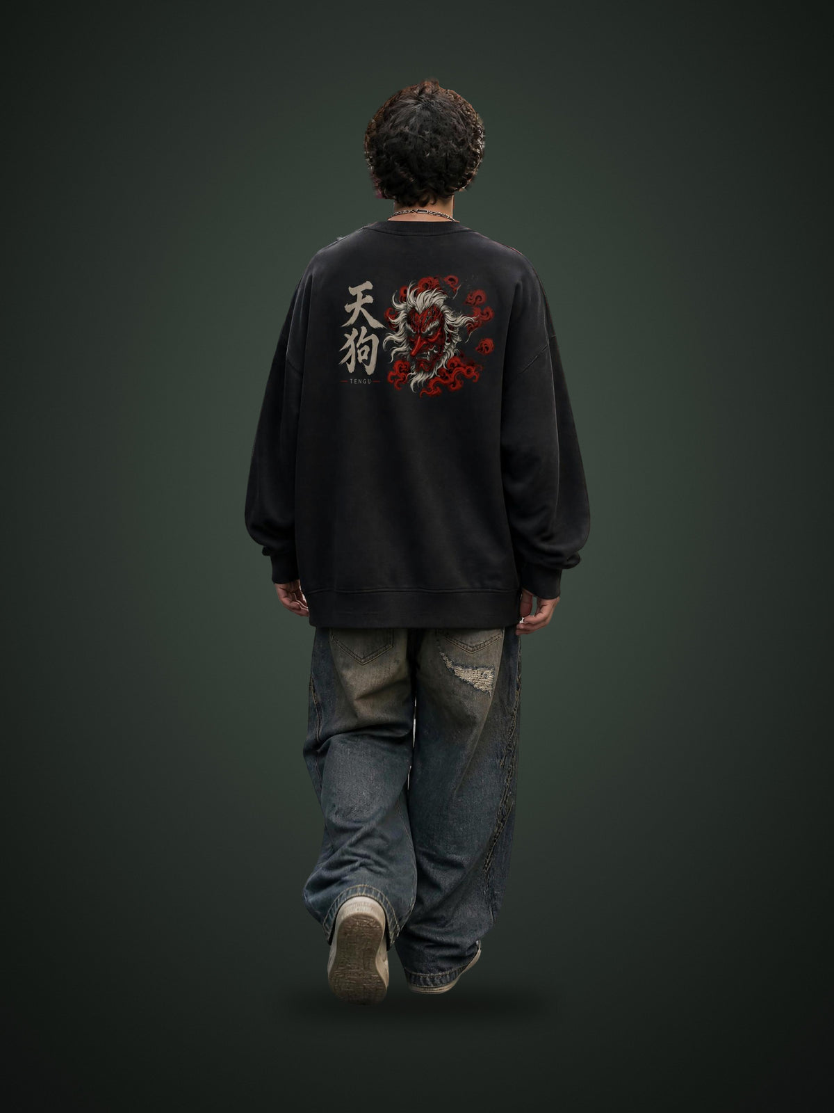 TENGU 天狗 distressed sweatshirt in Black worn by a model, back view with tengu mask and crows print | Formless