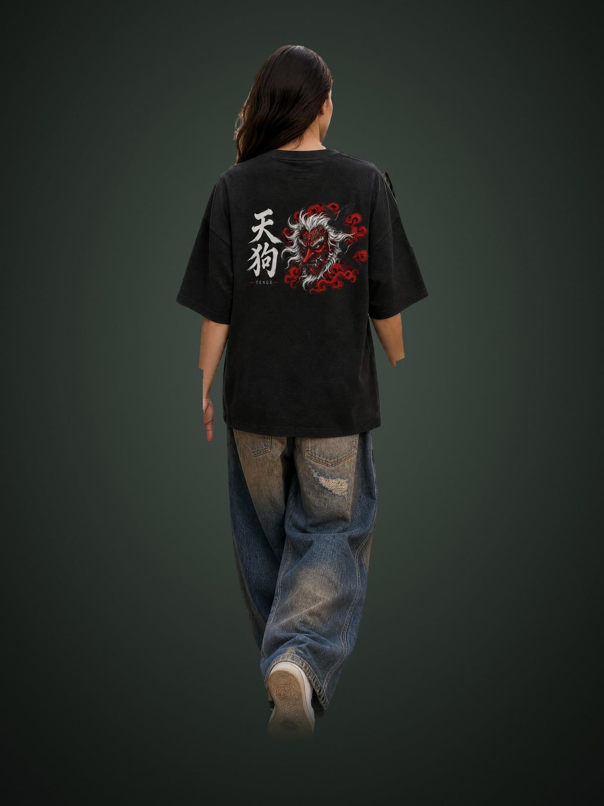TENGU 天狗 heavyweight tee in Classic Black worn by a model, back view with tengu mask and crows print | Formless
