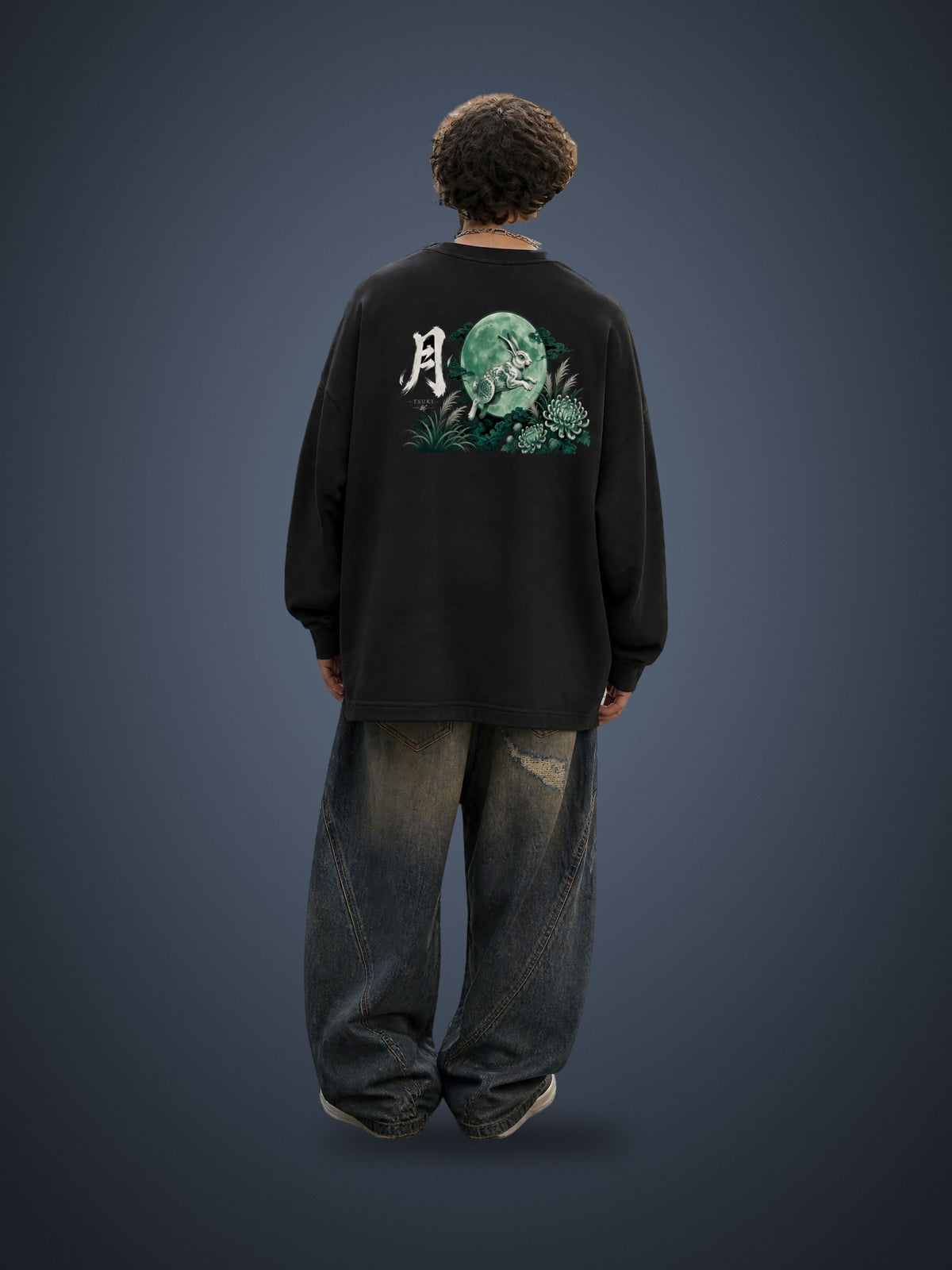 TSUKI 月 distressed sweatshirt in Black worn by a model, back view with moon rabbit and jade moon print | Formless