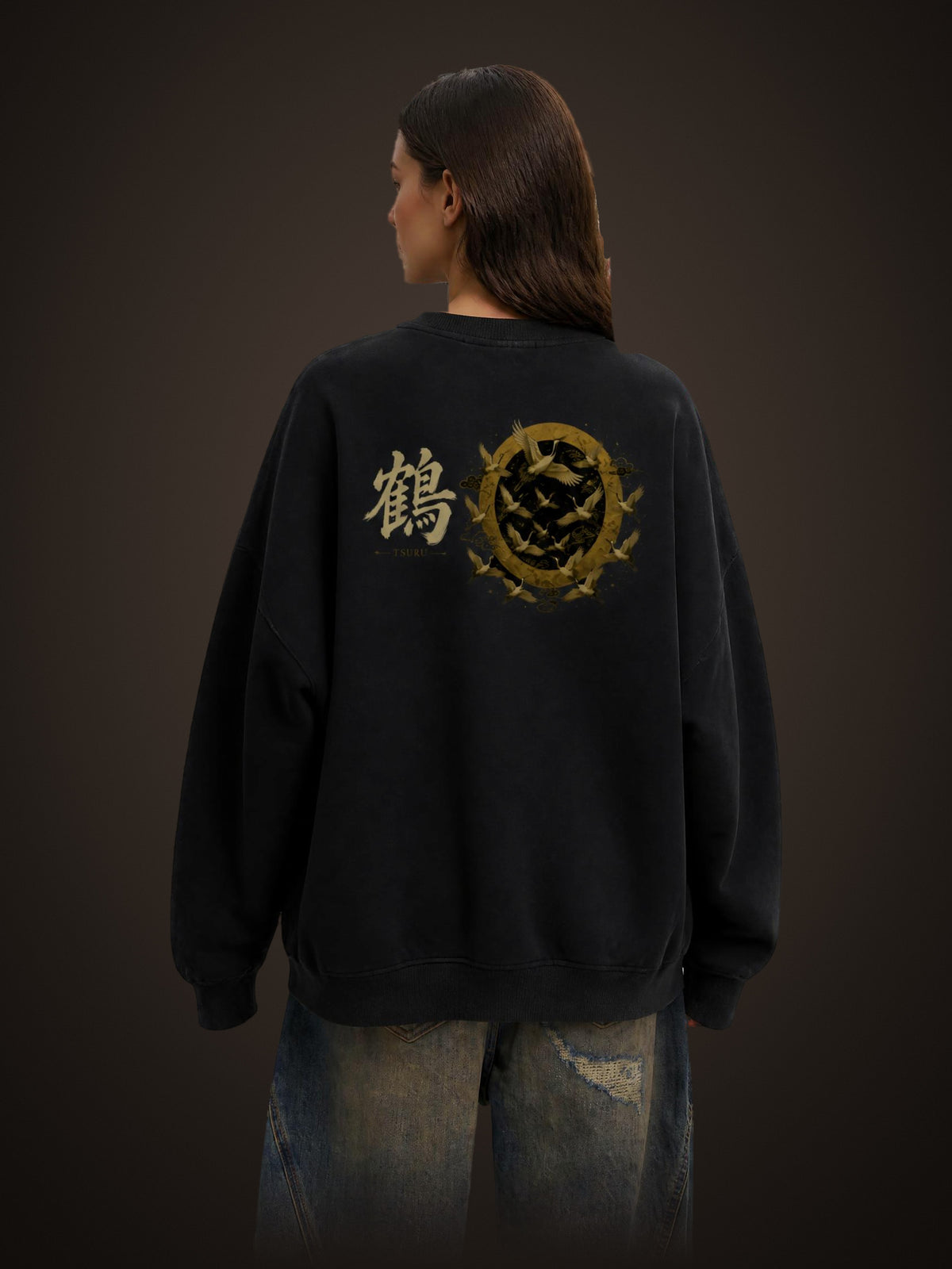 TSURU 鶴 distressed sweatshirt in Black worn by a model, back view with cranes and gold moon print | Formless
