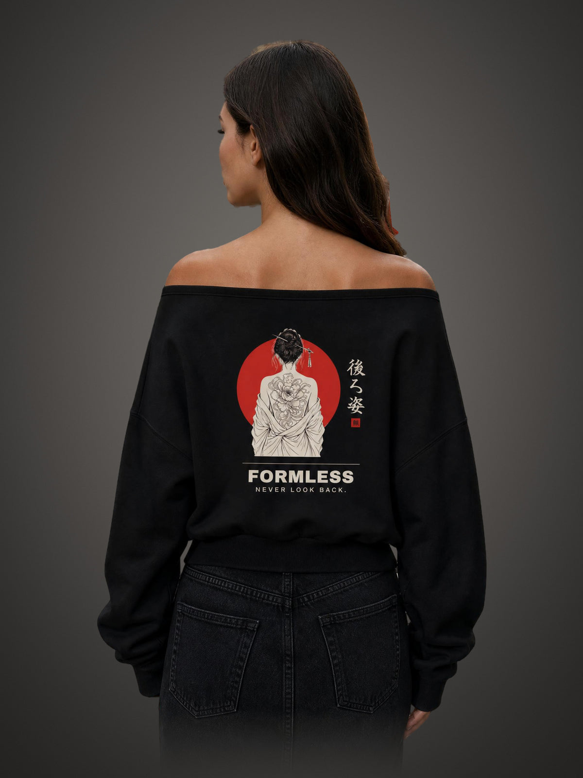 USHIROSUGATA off-shoulder sweatshirt in Black worn by a model, back view with red sun and FORMLESS back print | Formless