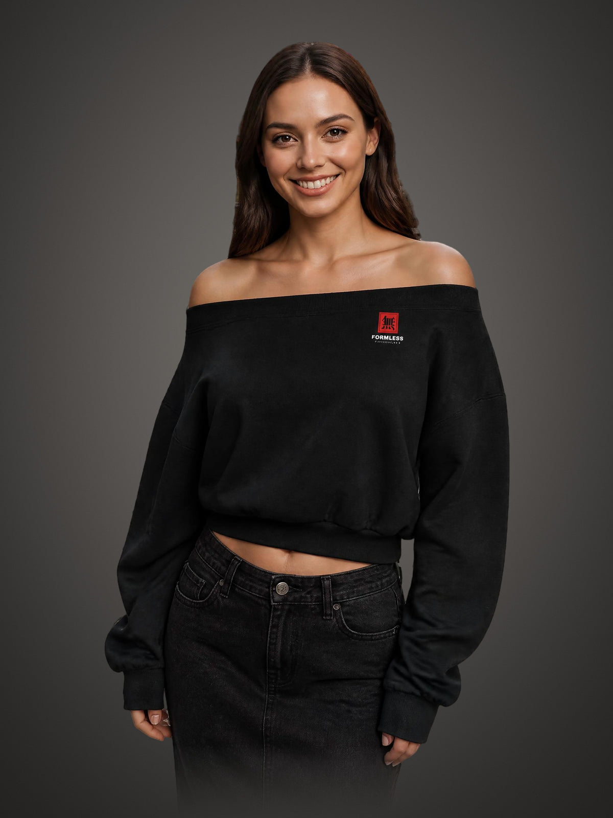 USHIROSUGATA off-shoulder sweatshirt in Black worn by a model, front view with small red chest logo | Formless