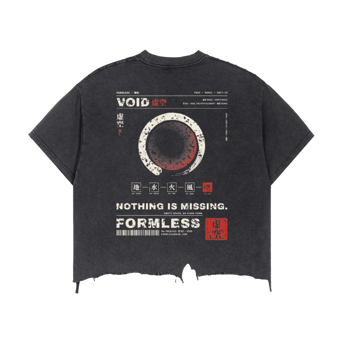VOID 虚空 vintage washed distressed tee in black, back print with ensō circle and five elements | Formless